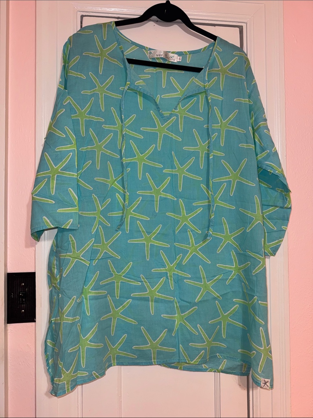 Starfish-Print Teal Tunic Top with Tie Neck